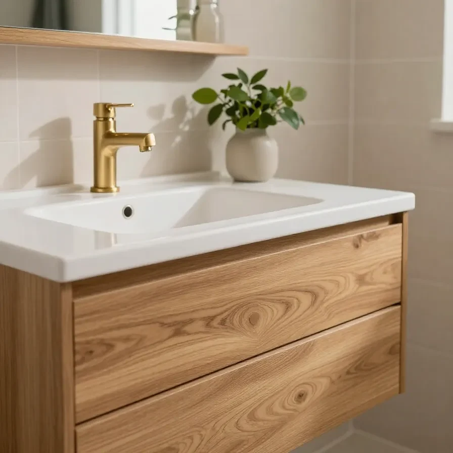 Modern mocha oak single bowl wall-hung vanity by Lukka Ridgewood in a bathroom setting.