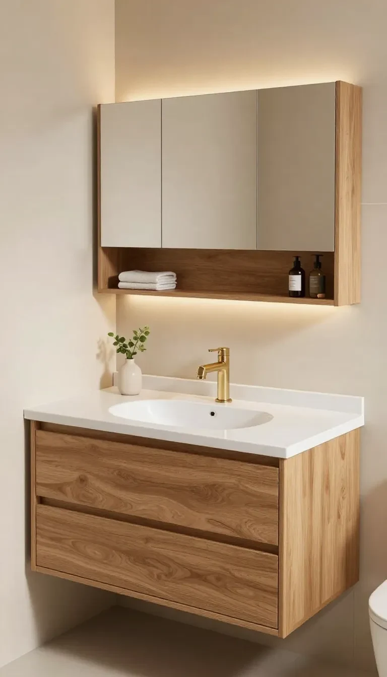 Modern mocha oak single bowl wall-hung vanity by Lukka Ridgewood in a bathroom setting.